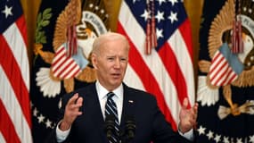 Le président américain Joe Biden répond à des questions après la première conférence de presse de son mandat, le 25 mars 2021 à Washington