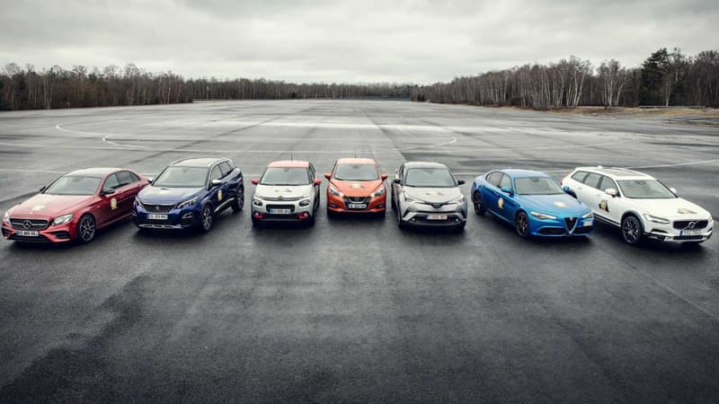 Les 7 finalistes de l'élection 2017 de la voiture de l'année (de gauche à droite): Mercedes Classe E, Peugeot 3008, Citroën C3, Nissan Micra, Toyota CH-R, Alfa Romeo Giulia et Volvo S90/V90.