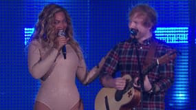 Beyoncé et Ed Sheeran sur scène lors du Global Citizen Festival