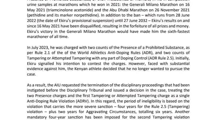 Le communiqué de presse de l'AIU sur la suspension du coureur Titus Ekiru. Le communiqué de presse de l'AIU sur la suspension du coureur Titus Ekiru.
