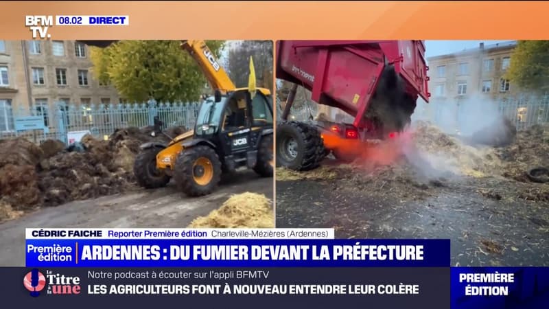 Colère agricole: les agriculteurs déversent du lisier devant la préfecture des Ardennes