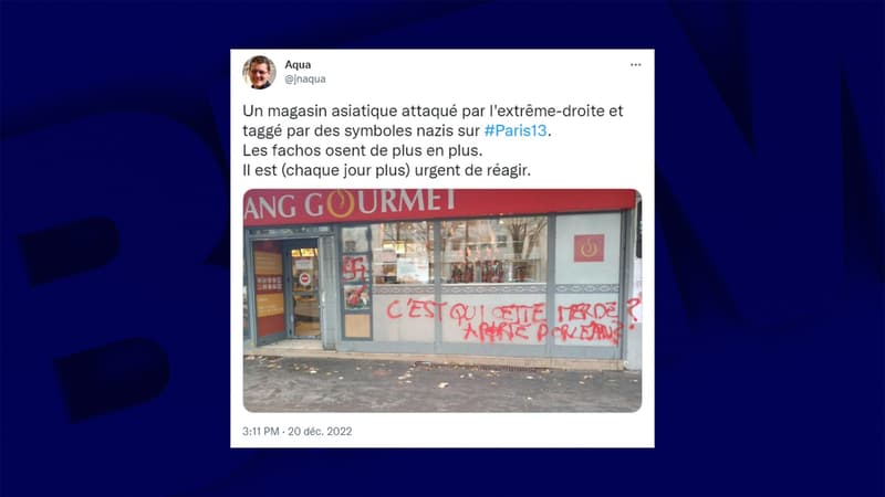 Des croix gammées ont été taguées sur la vitrine du supermarché Tang Gourmet, dans le 13ème arrondissement de Paris. 