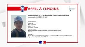 Welson M, 12 ans, a disparu le 17 septembre 2023 dans les Landes