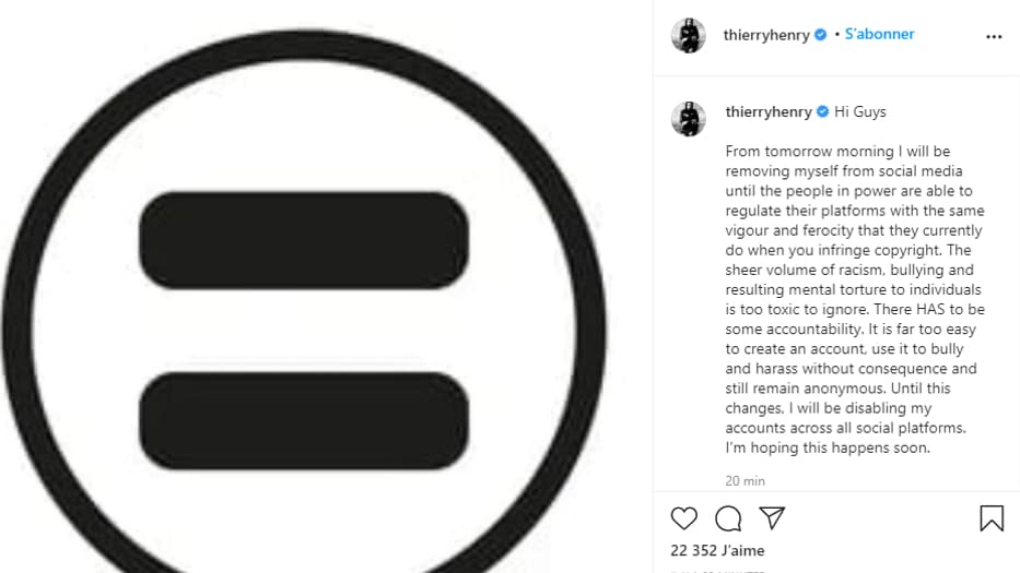 Le message de Thierry Henry pour justifier son retrait des réseaux sociaux Le message de Thierry Henry pour justifier son retrait des réseaux sociaux