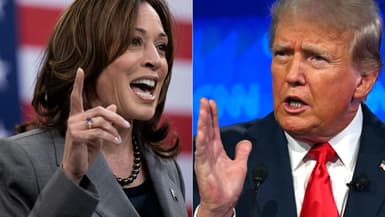 Kamala Harris à Raleigh, en Caroline du Nord, le 26 mars 2024 et Donald Trump à Atlanta, en Géorgie, le 27 juin 2024.
