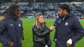 Darryl Bakola et Pierre-Emerick Aubameyang en interview d'après-match lors d'OM-Newcastle, le 25 novembre 2025.