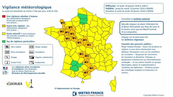 Quinze départements ont été placés en vigilance orange neige-verglas par Météo-France.