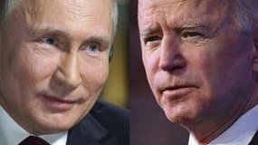 Le président russe Vladimir Poutine à Moscou en 2018 et son homologue américain Joe Biden à Wilmington, le 15 janvier 2021