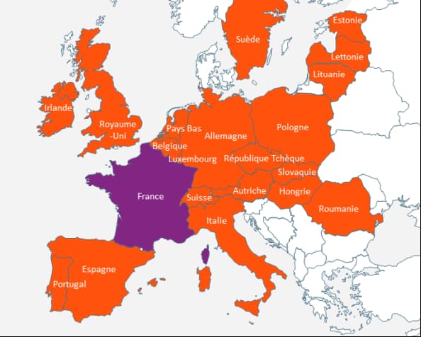 Les 20 pays (19 pays de l'UE et la Suisse) avec lesquels la France échange les informations sur les infractions routières.