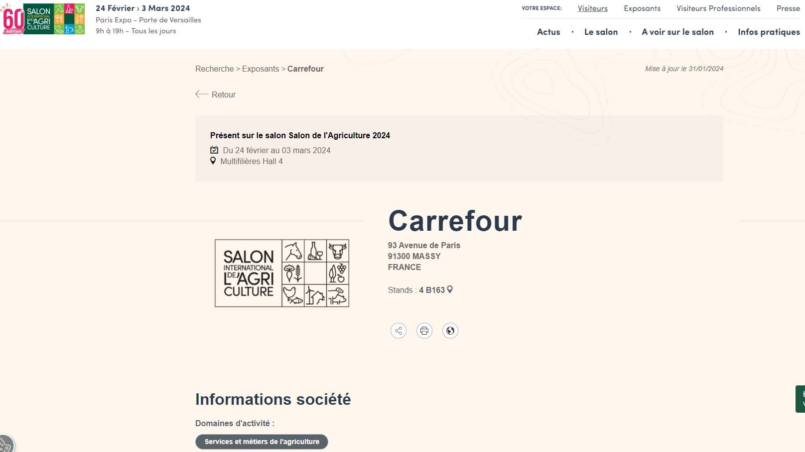 Sur le site du Salon de l'agriculture, Carrefour est toujours nommé dans la liste des exposants. 