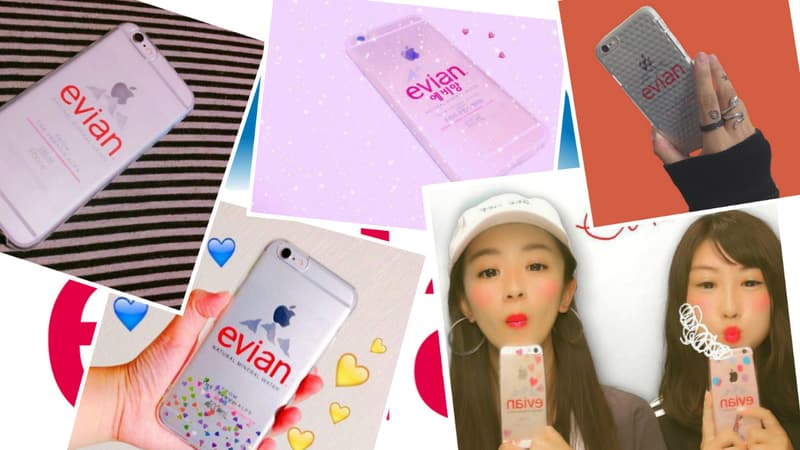 Les photos d'iPhone customisés aux couleurs de la marque Evian fleurissent sur les réseaux sociaux japonais. Un engouement mystérieux.