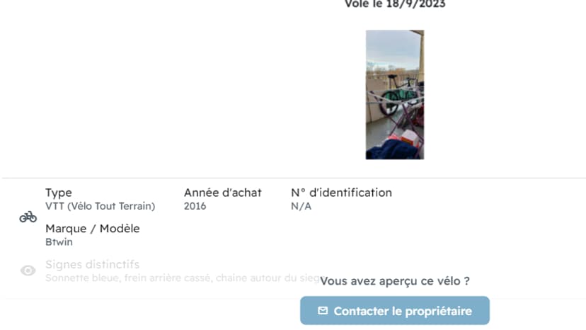 Un exemple de fiche présentant un vélo volé.