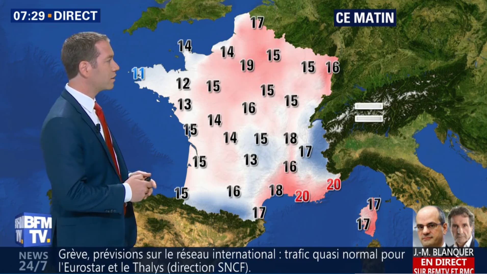 Températures pour la matinée du lundi 28 mai 2018.