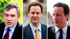 Le travailliste Gordon Brown, le libéral-démocrate Nick Clegg et le conservateur David Cameron (de gauche à droite). Les partis politiques jettent leurs dernières forces dans la bataille à l'avant-veille d'élections législatives en Grande-Bretagne qui s'a