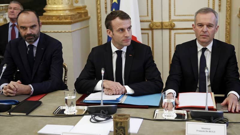 Edouard Philippe, Emmanuel Macron et François de Rugy lors de la réunion de concertation à l'Elysée le 10 décembre 2018.