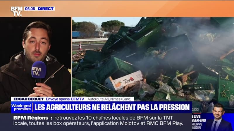 À Nîmes, sur l'A9, les agriculteurs ne relâchent pas la pression sur le point de blocage