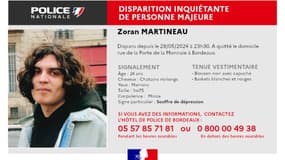 Appel à témoins pour retrouver Zoran Martineau, disparu à Bordeaux le 28 mai 2024