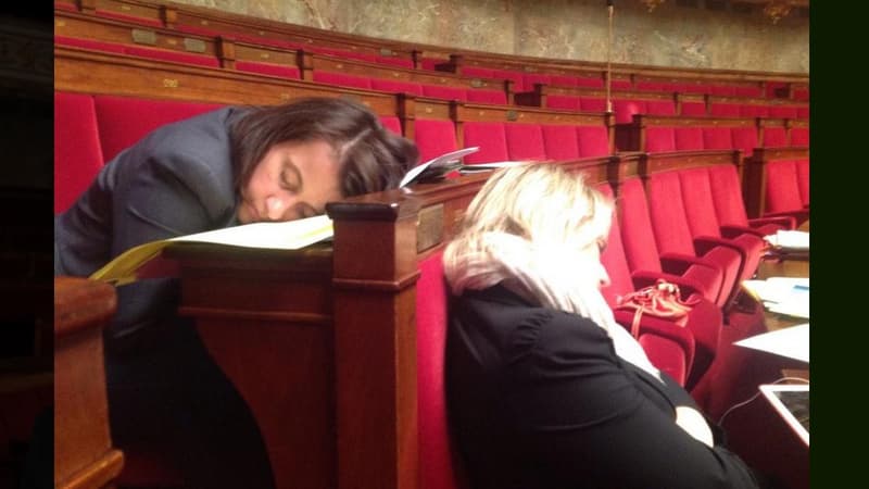 Petit somme sur les bancs de l'Assemblée pour Cécile Duflot et Barbara Pompili, pendant les 17h de débats sur la transition énergétique.