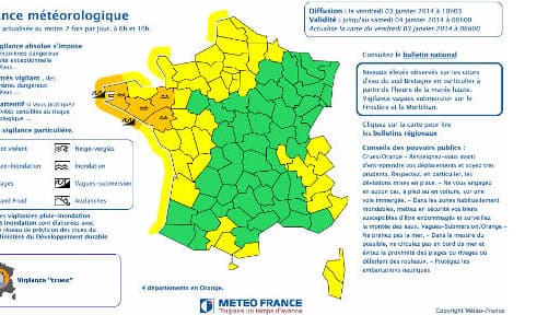 La carte des départements concernés par la vigilance crue.