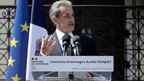 L'ancien président Nicolas Sarkozy lors d'une cérémonie en hommage à la défunte policière Aurélie Fouquet, tuée lors d'une tentative de vol suivie d'une course-poursuite mortelle en 2010, à Villiers-sur-Marnes, le 20 mai 2025.