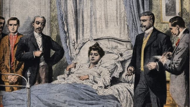 Le juge d'instruction et les policiers au chevet de Marguerite Steinheil (1869-1954) pour l'interroger - Le Petit Journal, 14 juin 1908 Le juge d'instruction et les policiers au chevet de Marguerite Steinheil (1869-1954) pour l'interroger - Le Petit Journal, 14 juin 1908