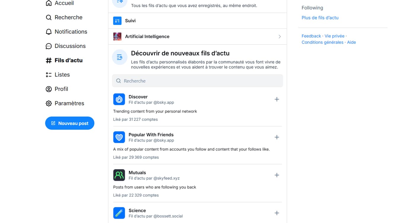 Bluesky propose deux choix pour le fil d'actualité, dont l'un permet de découvrir des flux personnalisés.