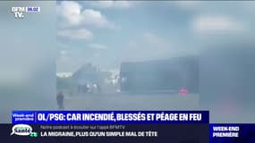Péage et bus incendiés, bagarre générale, de violents affrontements entre supporters Lyonnais et Parisiens ont eu lieu sur l'autoroute avant la finale de la Coupe de France