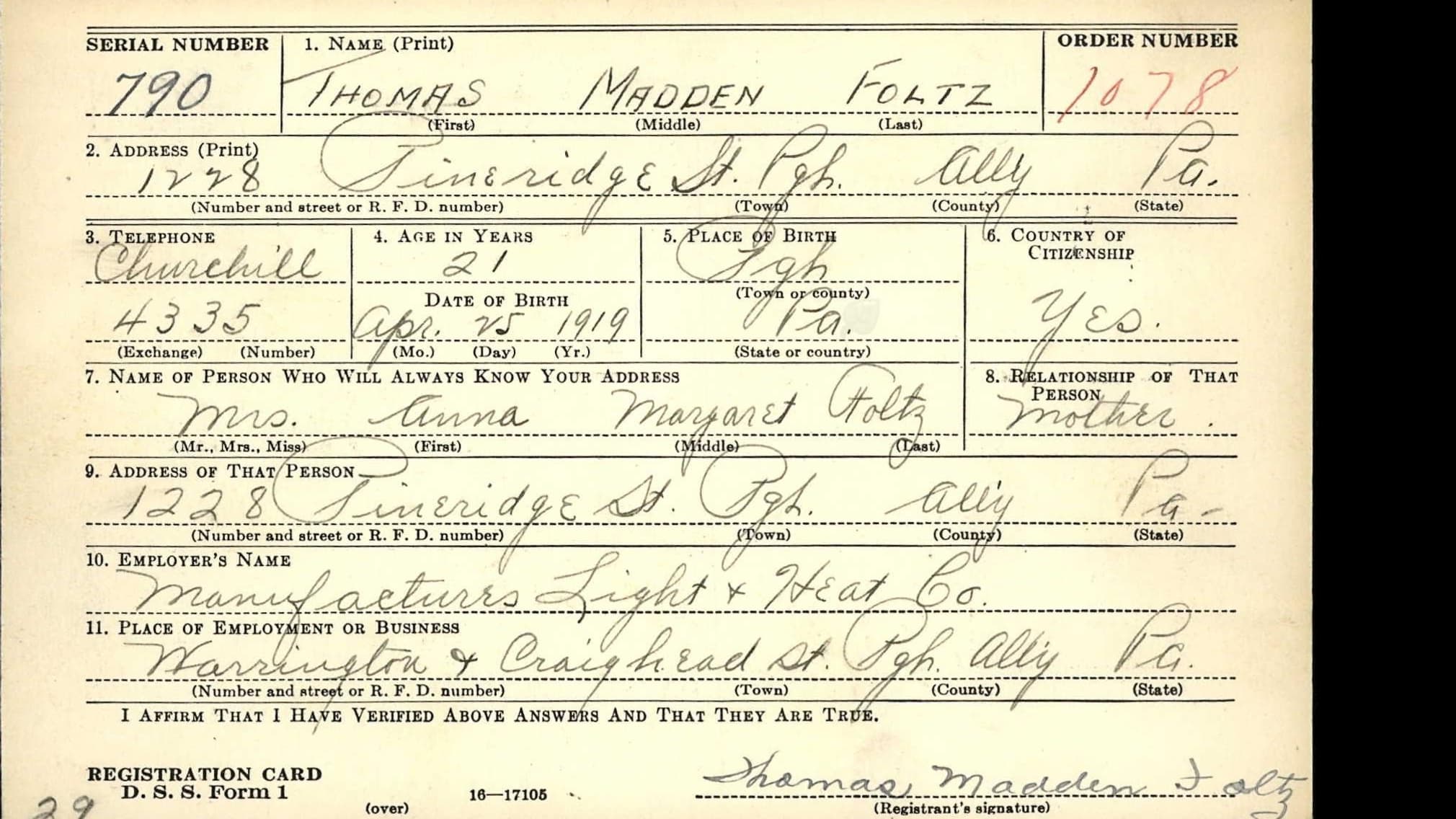 Un document administratif ayant appartenu à Thomas Foltz retrouvé par Maréva Georges gâce à ses recherches en ligne.