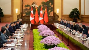 Le président chinois Xi Jinping (3e à gauche) et le Premier ministre canadien Mark Carney (2e à droite) se rencontrent au Palais de l’Assemblée du Peuple le 16 janvier 2026 à Pékin, en Chine.