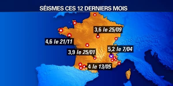 Les plus importants séismes enregistrés en France ces douze derniers mois.
