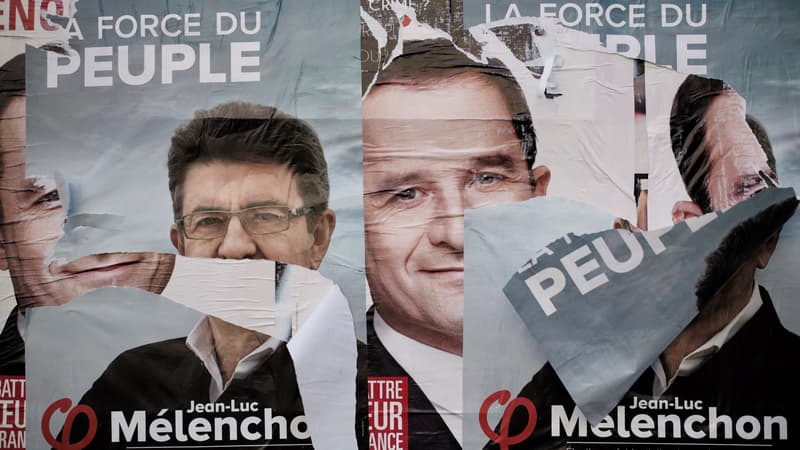 Des affiches électorales en faveur de Jean-Luc Mélenchon et Benoît Hamon durant la campagne présidentielle.