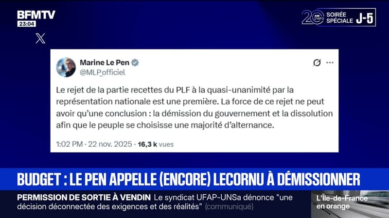 Budget rejeté: sur X, Marine Le Pen appelle encore une fois à "la démission du gouvernement et à la dissolution"
