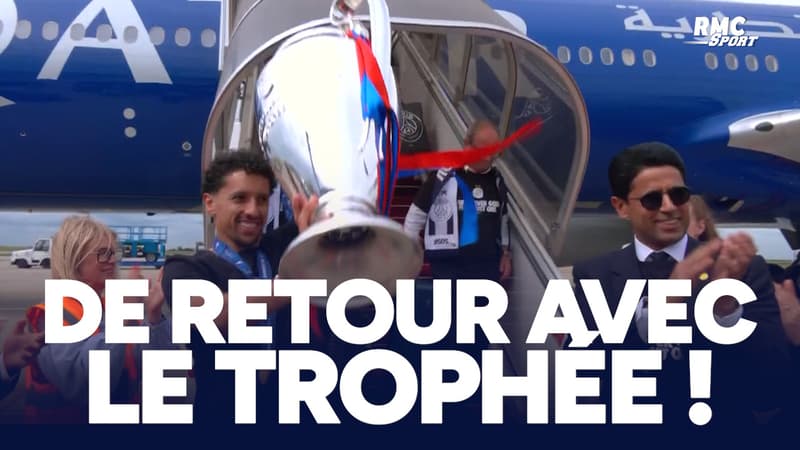 PSG double champion d'Europe : Marquinhos sort de l'avion avec le trophée en compagnie d'Al-Khelaifi