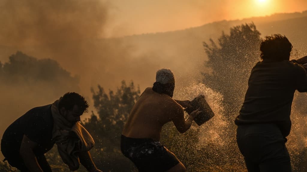 Des habitants tentent d'éteindre un feu de forêt qui s'approche du village de Zambujeiro à Cascais, au Portugal, le 25 juillet 2023.
