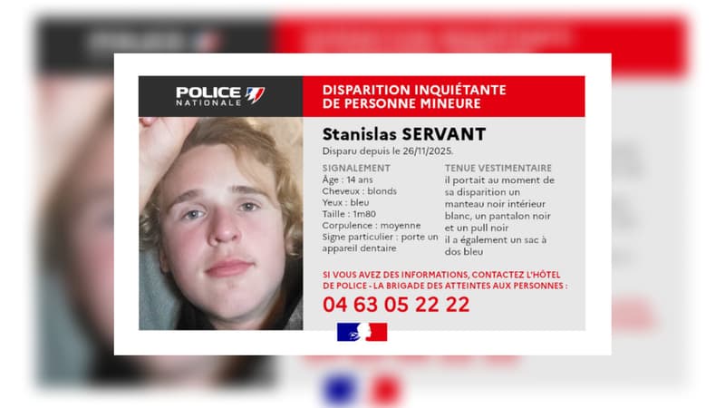 Un appel à témoins lancé pour retrouver Stanislas, un adolescent de 14 ans disparu depuis fin novembre à Clermont-Ferrand