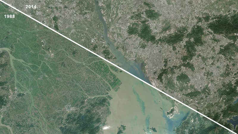 Le delta de la rivière des Perles (Chine) en 1988 et 2014.