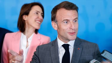 Emmanuel Macron et Valérie Hayer, le 17 avril 2024 à Bruxelles
