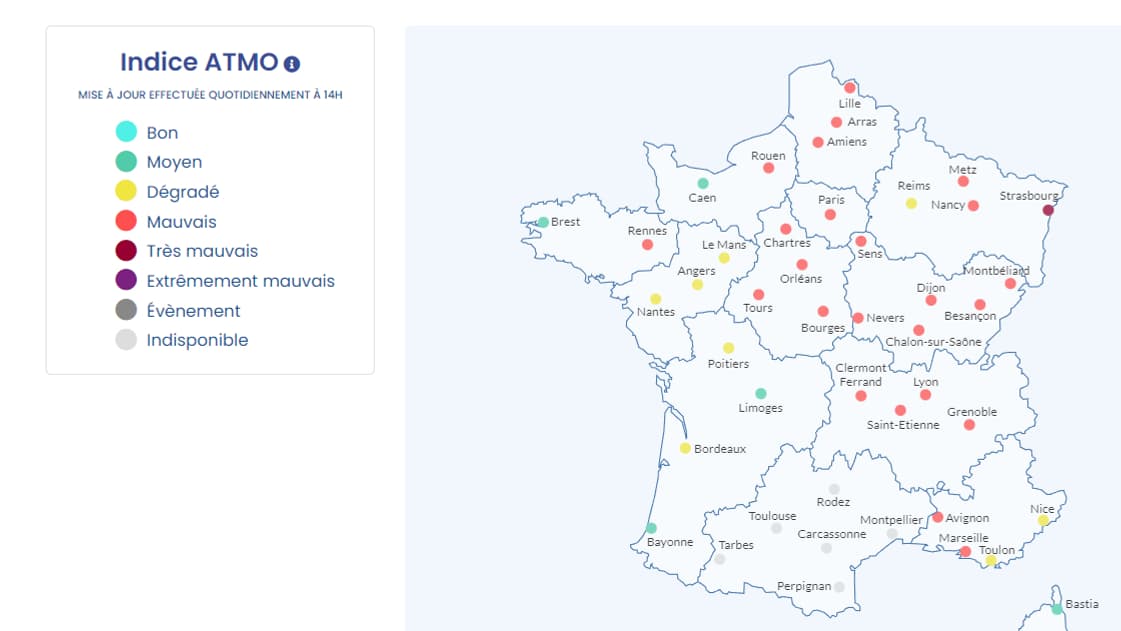 La carte de la qualité de l'air au 14 février 2023 