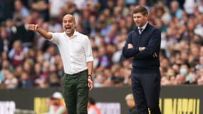 Pep Guardiola et Steven Gerrard lors d'Aston Villa - Manchester City, le 3 septembre 2022