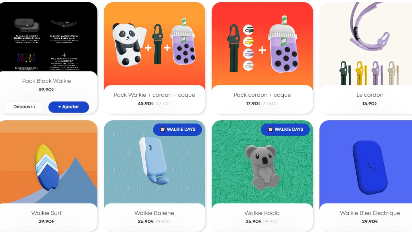 Les différents produits à la vente sur le site de Money Walkie (capture d'écran du site le 22 janvier 2025). Les différents produits à la vente sur le site de Money Walkie (capture d'écran du site le 22 janvier 2025).