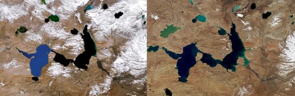 Les lacs à l'ouest des monts Tanggula, au Tibet, en 1987 et en 2021, capturé par Lansat