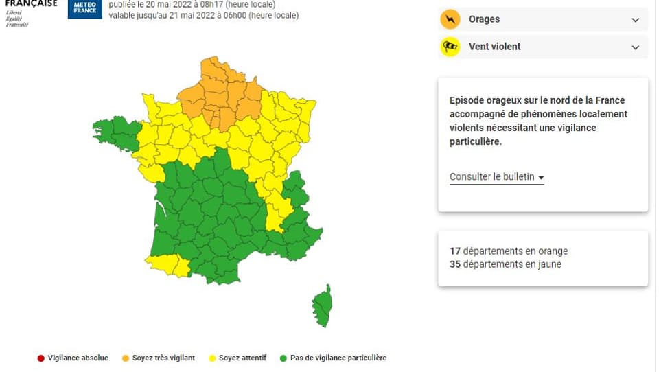 L'alerte orange pour orage du vendredi 20 mai 2022 L'alerte orange pour orage du vendredi 20 mai 2022