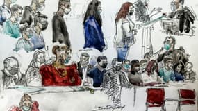 Croquis d'audience montrant Mila (en rouge) et huit des treize prévenus jugés pour cyberharcèlement dans "l'affaire Mila", le 3 juin 2021 au tribunal de Paris