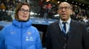 La sélectionneuse de l'équipe de France Corinne Diacre et le président intérimaire de la FFF Philippe Diallo, avant un match des Bleues face à la Norvège, le 21 février 2023 à Angers