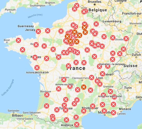 La carte des blocages des agriculteurs en France métropolitaine, le 24 janvier 2024.