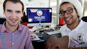 Mathieu Billon (à gauche) et Tony Jazz,, fondateurs de On air agency, agence de design sonore bordelaise. Les meetings électoraux de Barack Obama seront rythmés dès mars prochain par un morceau de musique composé par ce duo de Bordeaux. /Photo prise le 10