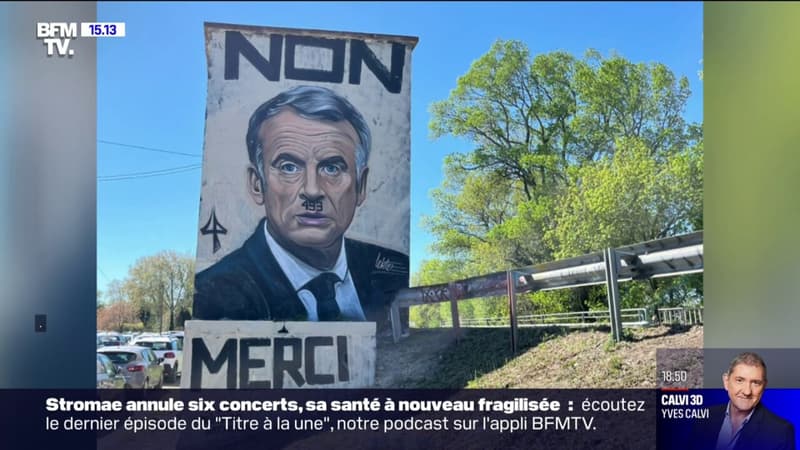 Une fresque dépeignant Emmanuel Macron en Hitler peinte le long d'une voie rapide à Avignon