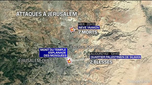 Lieux des deux attaques palestiniennes à Jérusalem-Est vendredi 27 janvier 2023 et samedi 28 janvier 2023