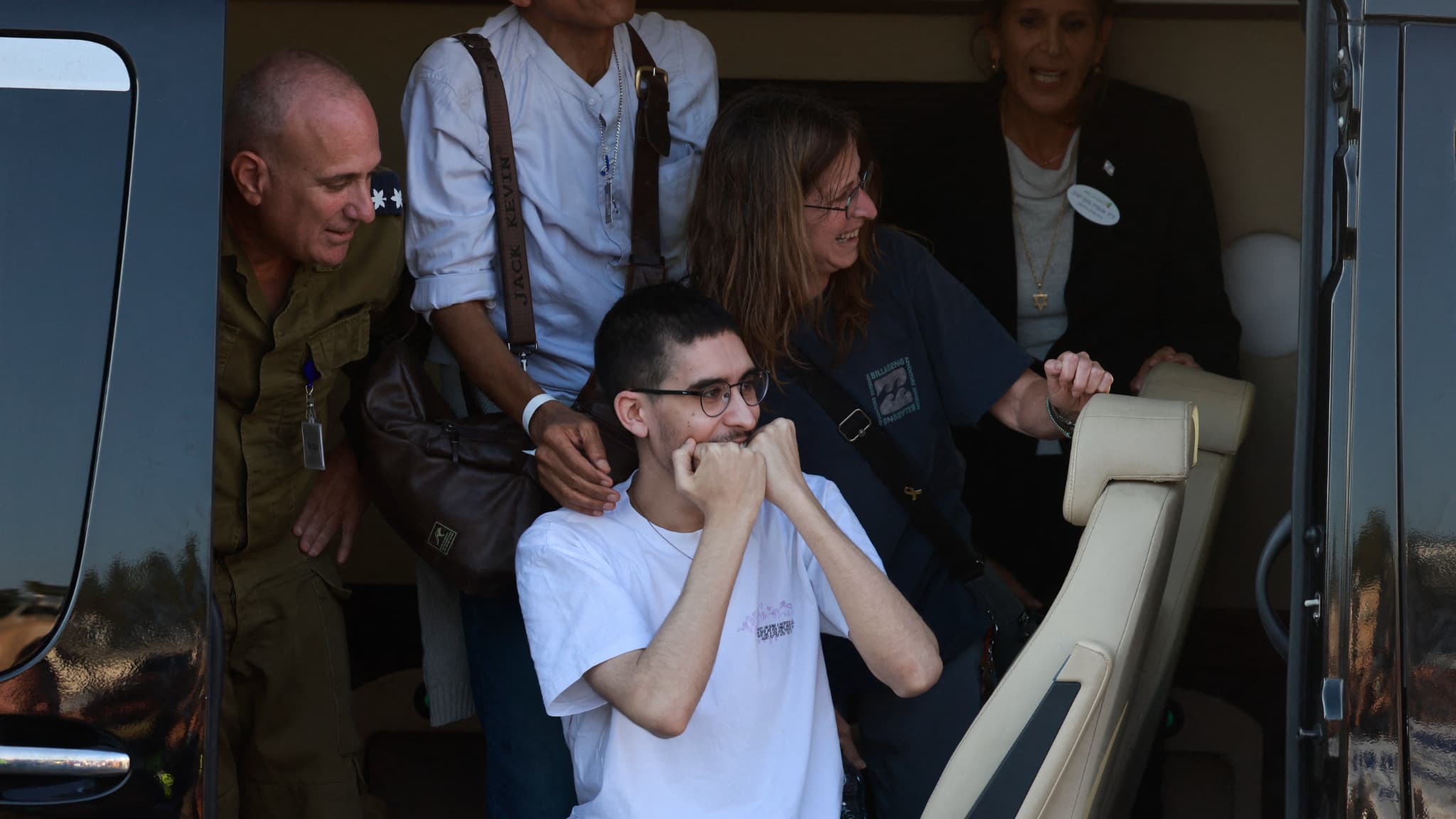 L'otage israélien Evyatar David, libéré, réagit à son arrivée à l'hôpital Beilinson du centre médical Rabin à Petah Tikva, dans le centre d'Israël, le 13 octobre 2025.