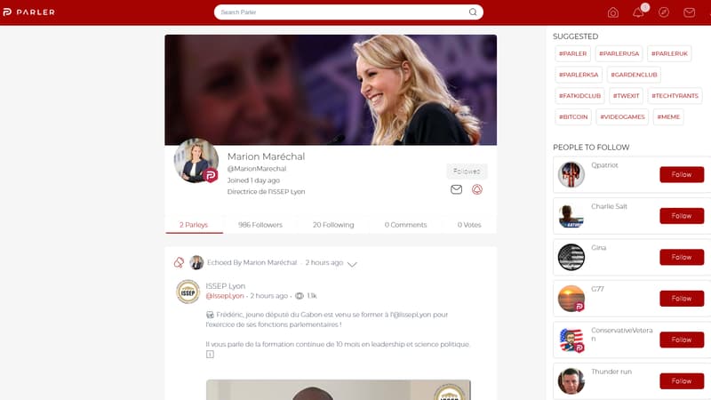 Profil de Marion Maréchal sur le réseau social Parler, prisé par les personnalités proches de l'extrême droite